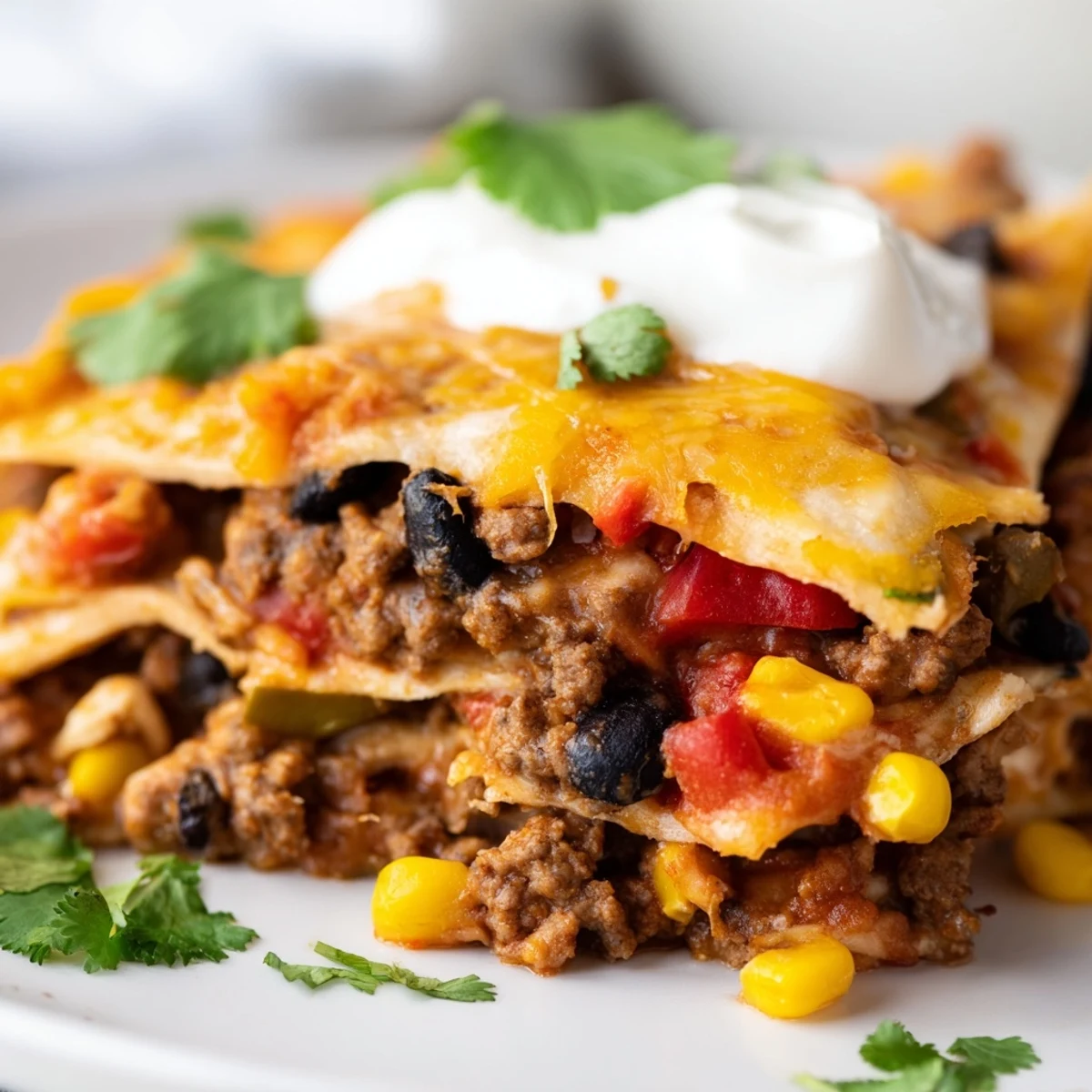 Mexican lasagna fresh from the oven showing cheesy layers with colorful peppers and garnishes