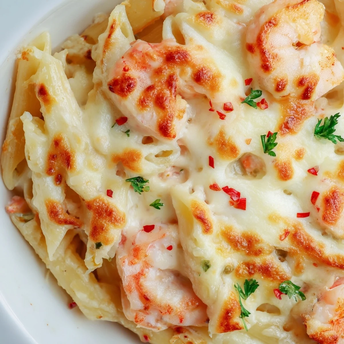 Golden baked shrimp scampi pasta with bubbling mozzarella and parmesan cheese topping