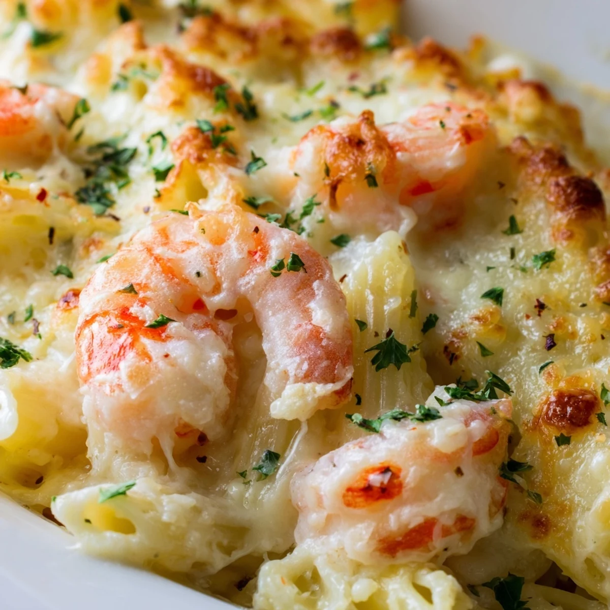Creamy shrimp scampi pasta bake topped with melted cheese and fresh parsley garnish