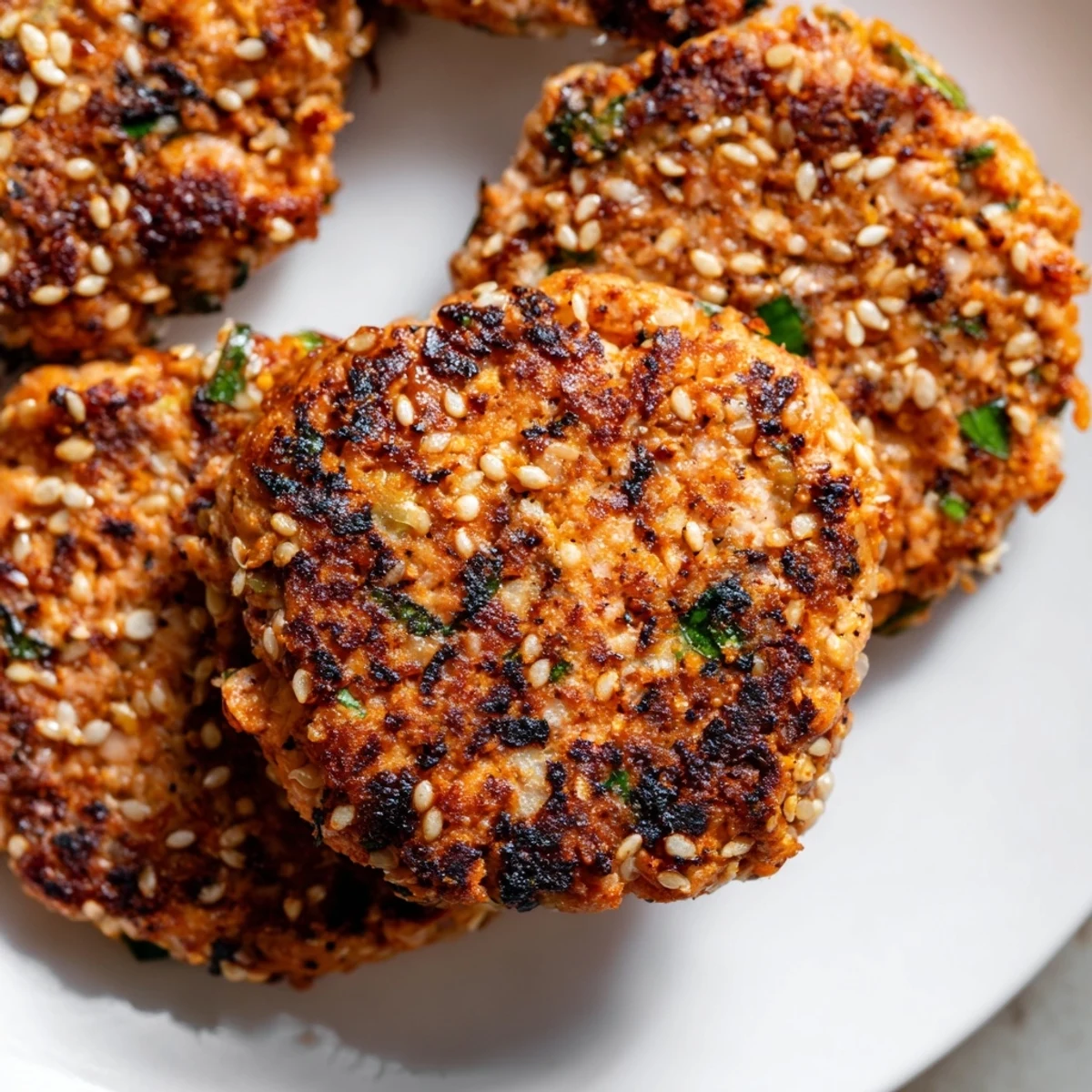 Crispy golden Harissa Sesame Salmon Patties sizzling in skillet with toasted sesame seeds