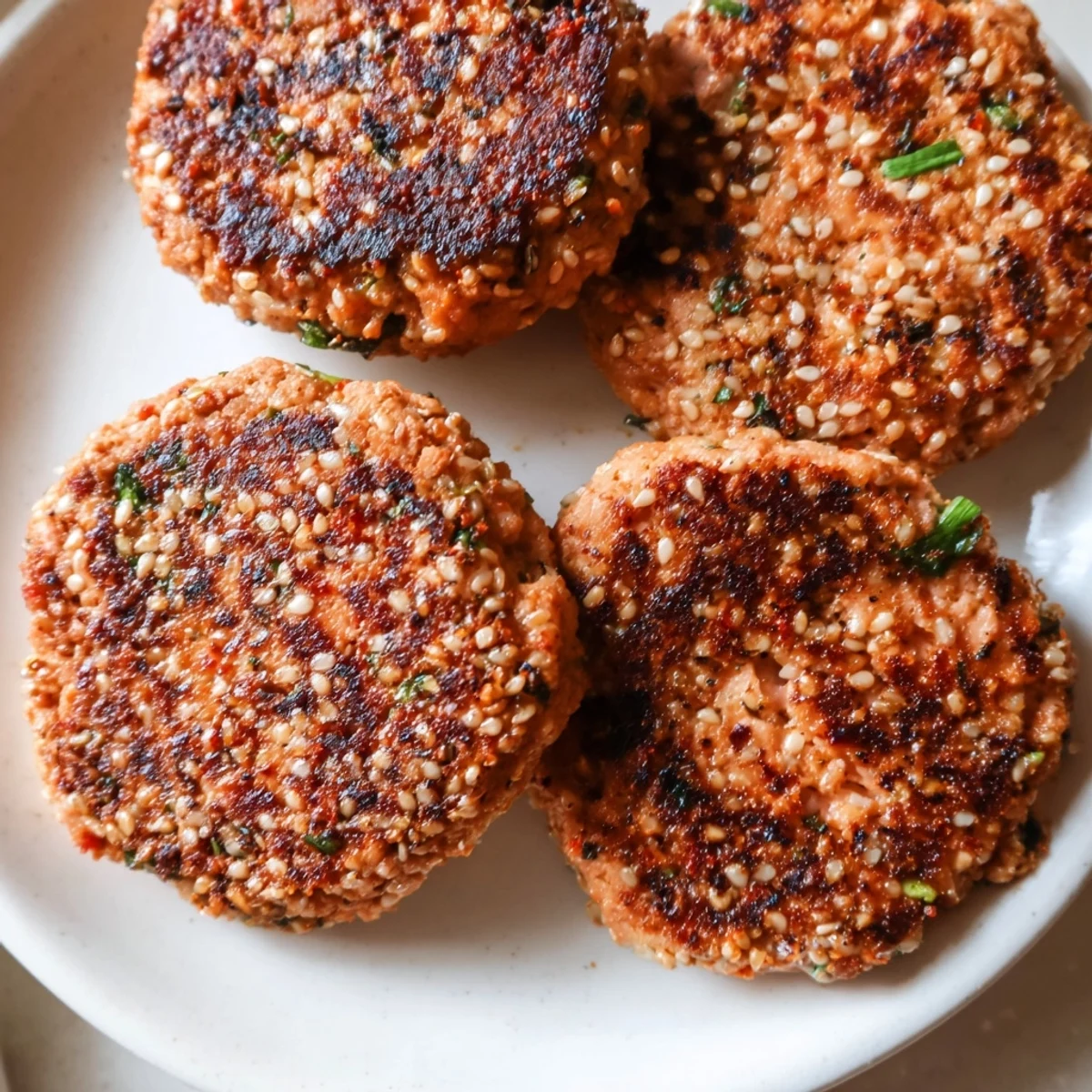 Spicy Harissa Sesame Salmon Patties served on white plate with fresh lemon wedges