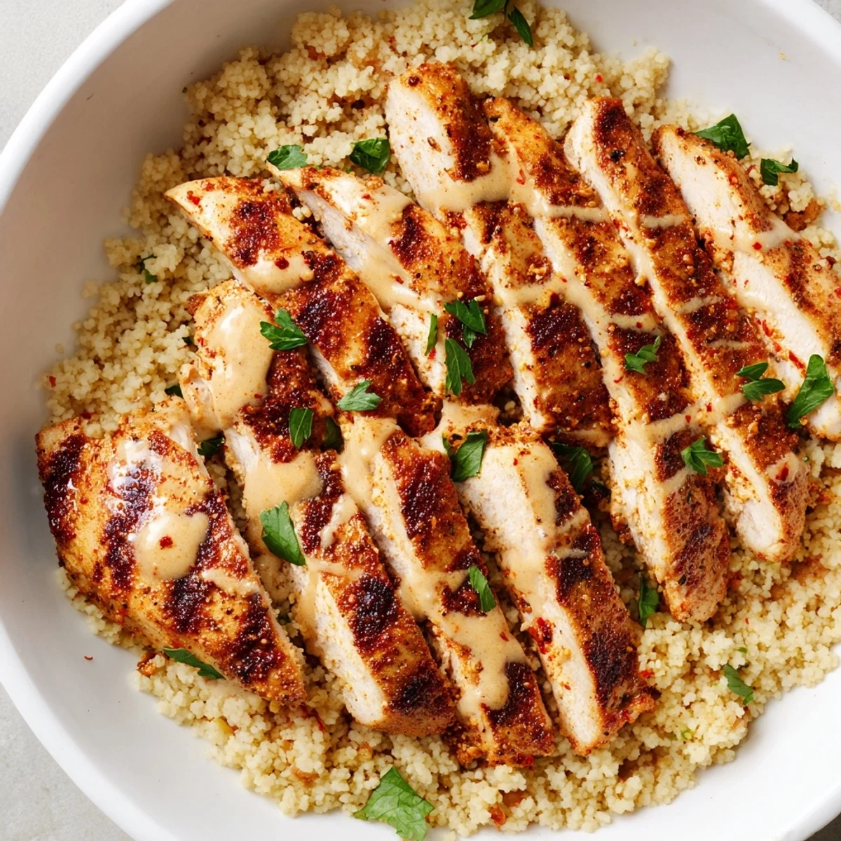 Golden Mediterranean chicken couscous bowl topped with fresh vegetables and creamy tahini drizzle