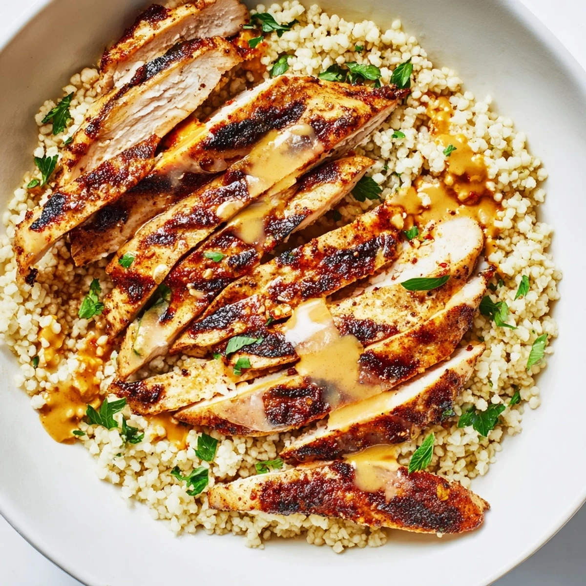 Colorful Mediterranean chicken couscous bowl featuring tender spiced meat and crisp cucumber tomato salad