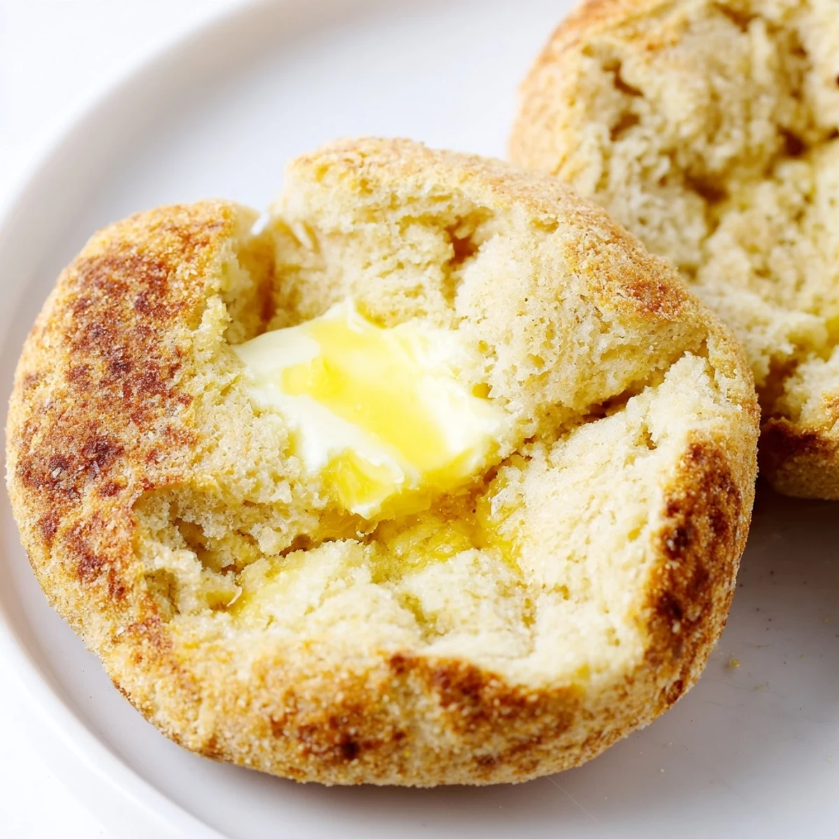 Golden brown homemade English muffins cooling on a wire rack with cornmeal dusted bottoms