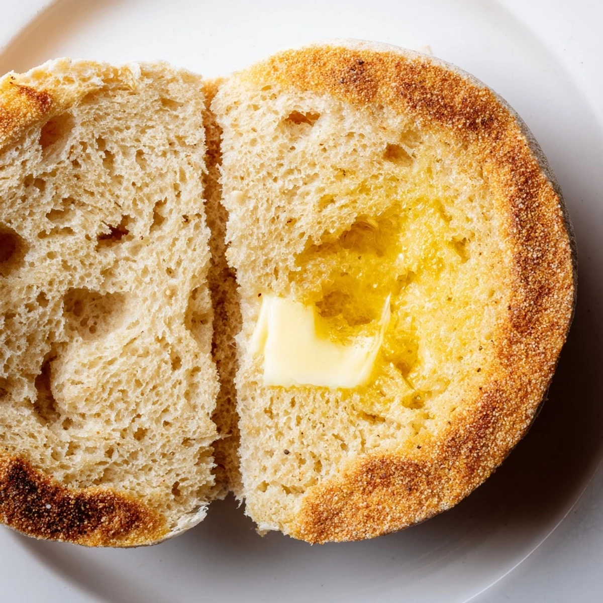 Homemade English muffins split open revealing airy nooks and crannies ready for butter