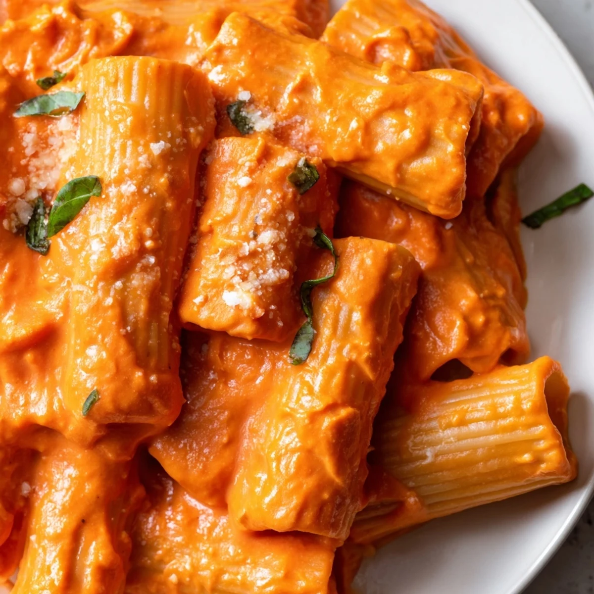 Creamy roasted red pepper pasta in a vibrant orange sauce topped with fresh basil