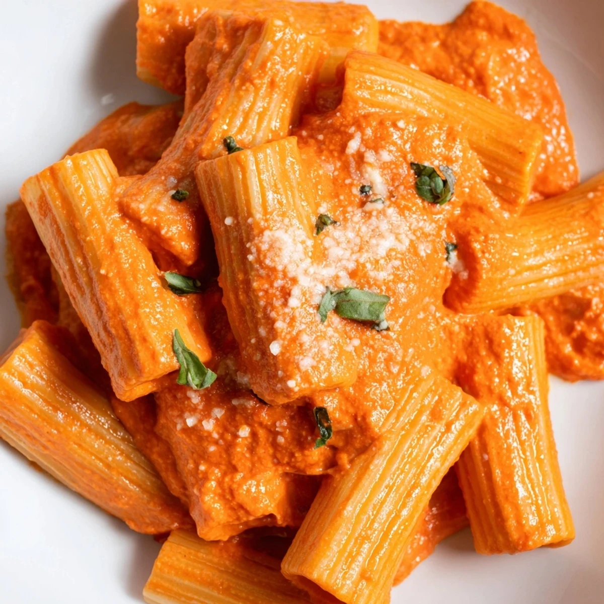 Penne coated in silky roasted red pepper sauce with parmesan and green herbs