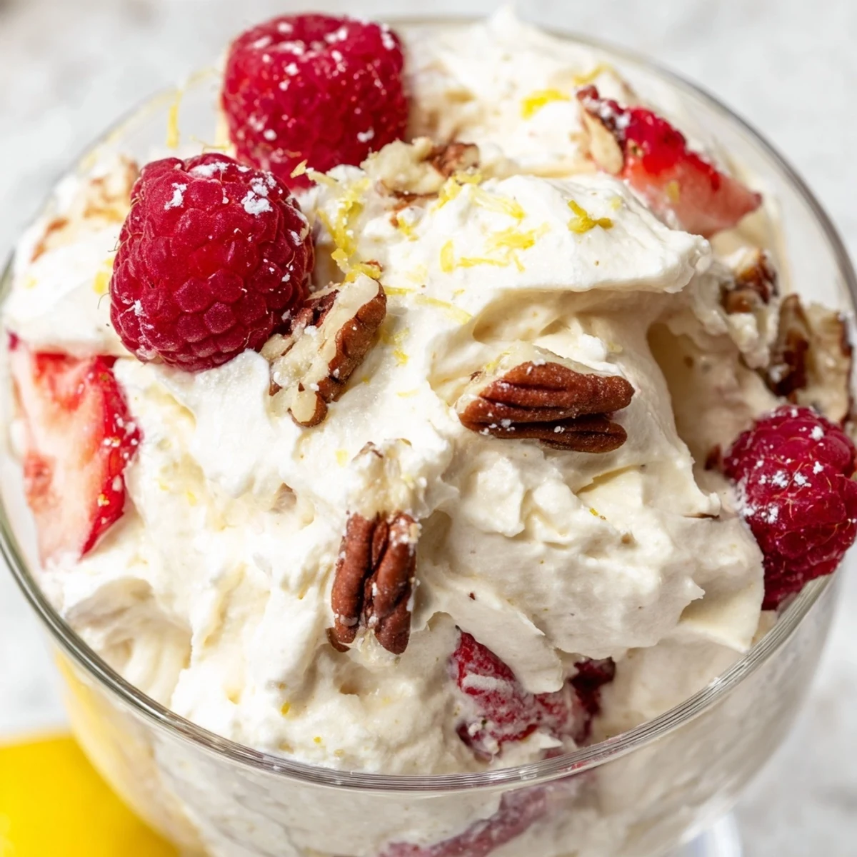 Fluffy spoonfuls of keto cheesecake fluff crowned with berries and chopped pecans