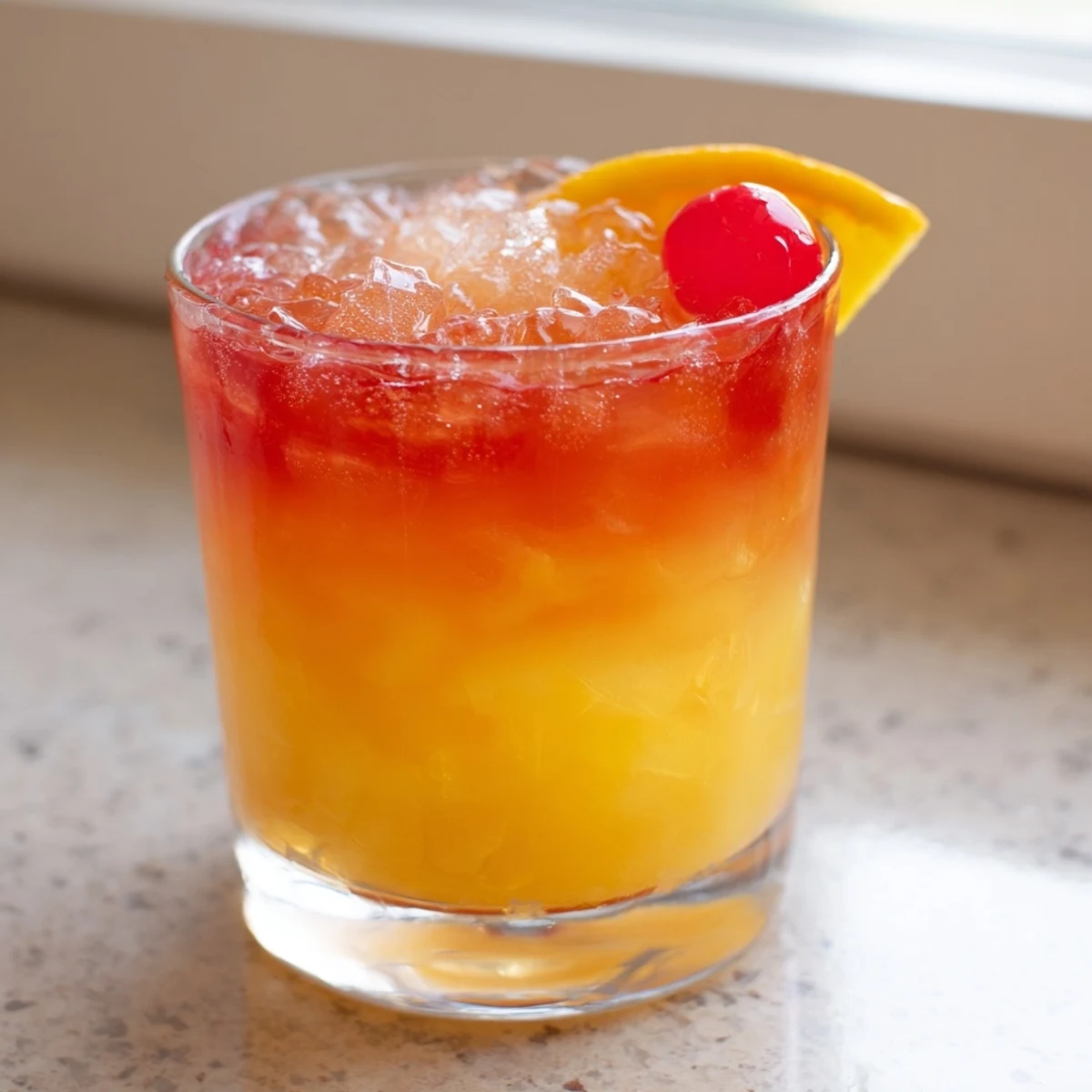 A Non Alcoholic Mai Tai in a crushed ice glass topped with cherry and orange garnish