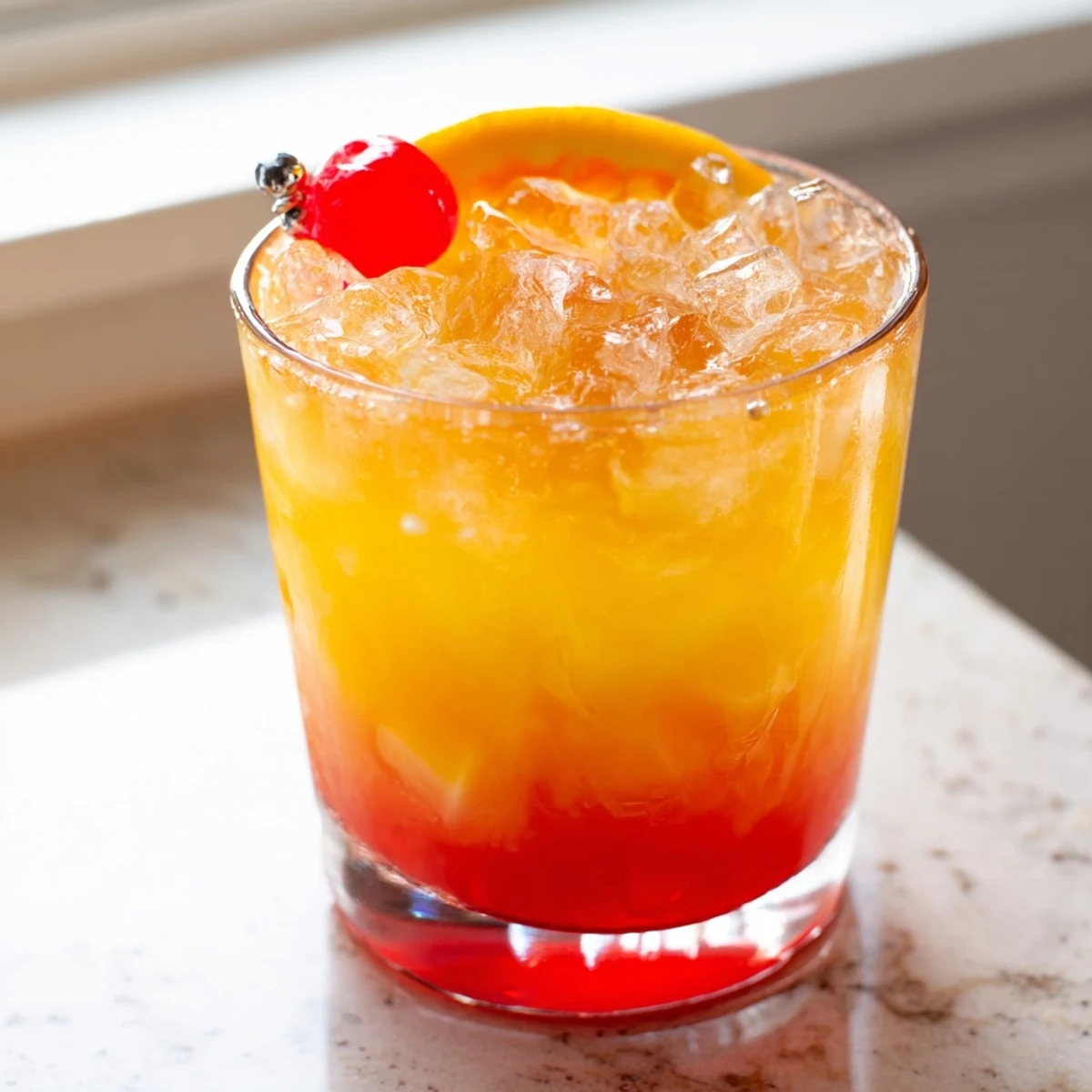 Tropical Non Alcoholic Mai Tai mocktail with a vibrant red grenadine layer and fresh mint