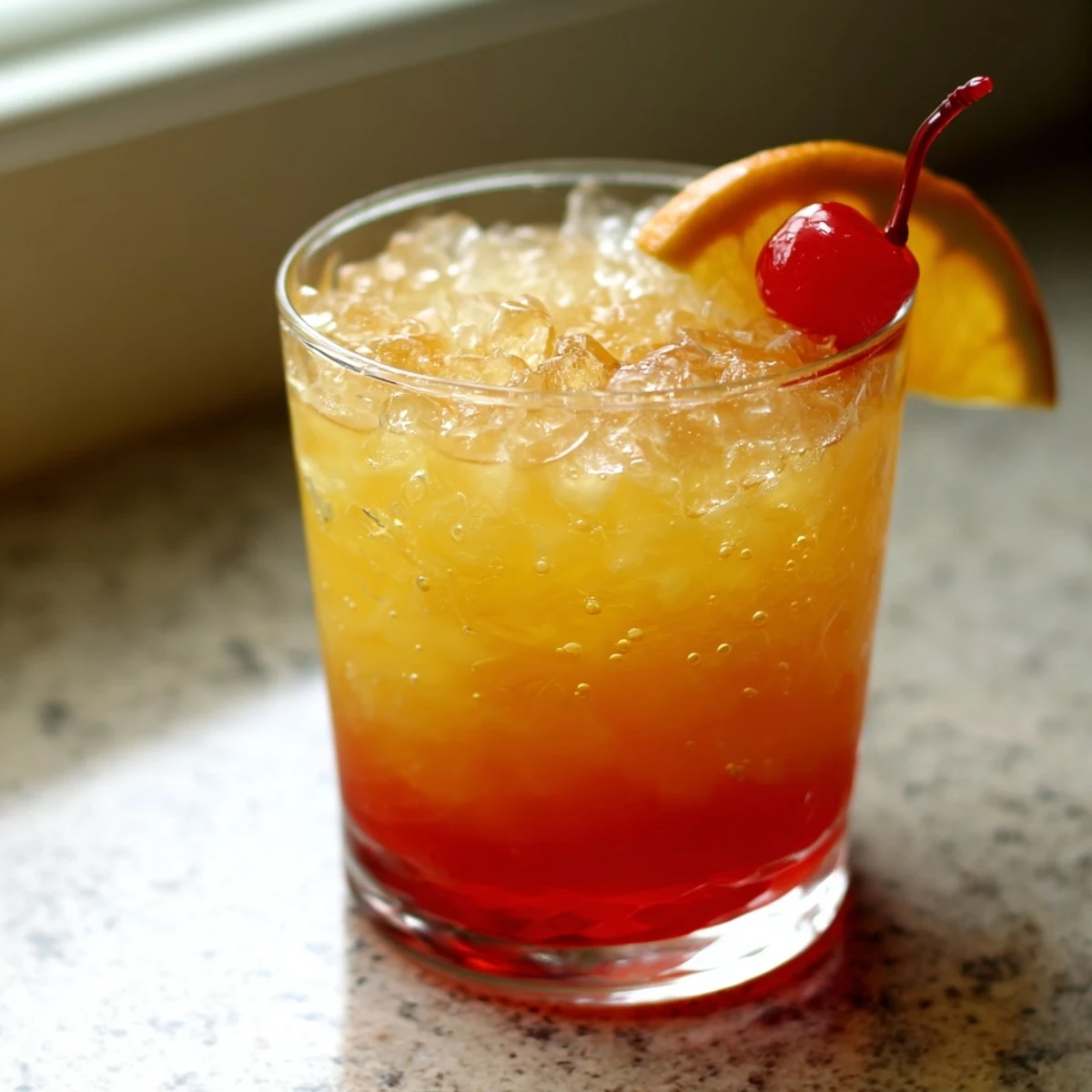Two glasses of Non Alcoholic Mai Tai garnished with citrus slices and maraschino cherries on a tiki bar