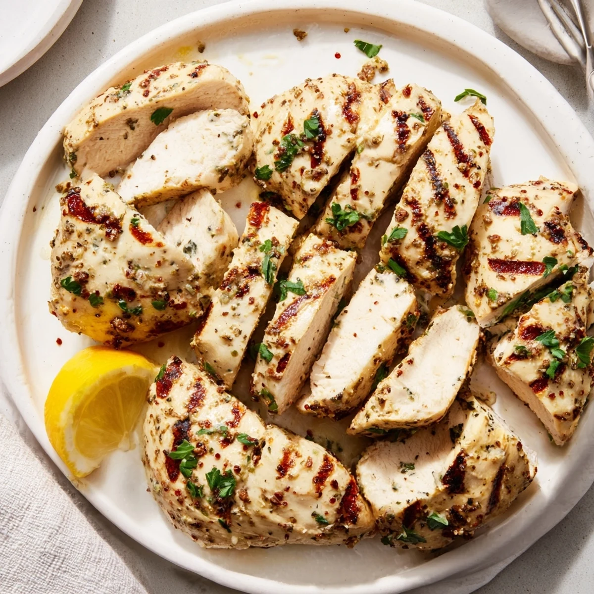Tender Greek yogurt marinated chicken with golden grill marks and fresh lemon wedges