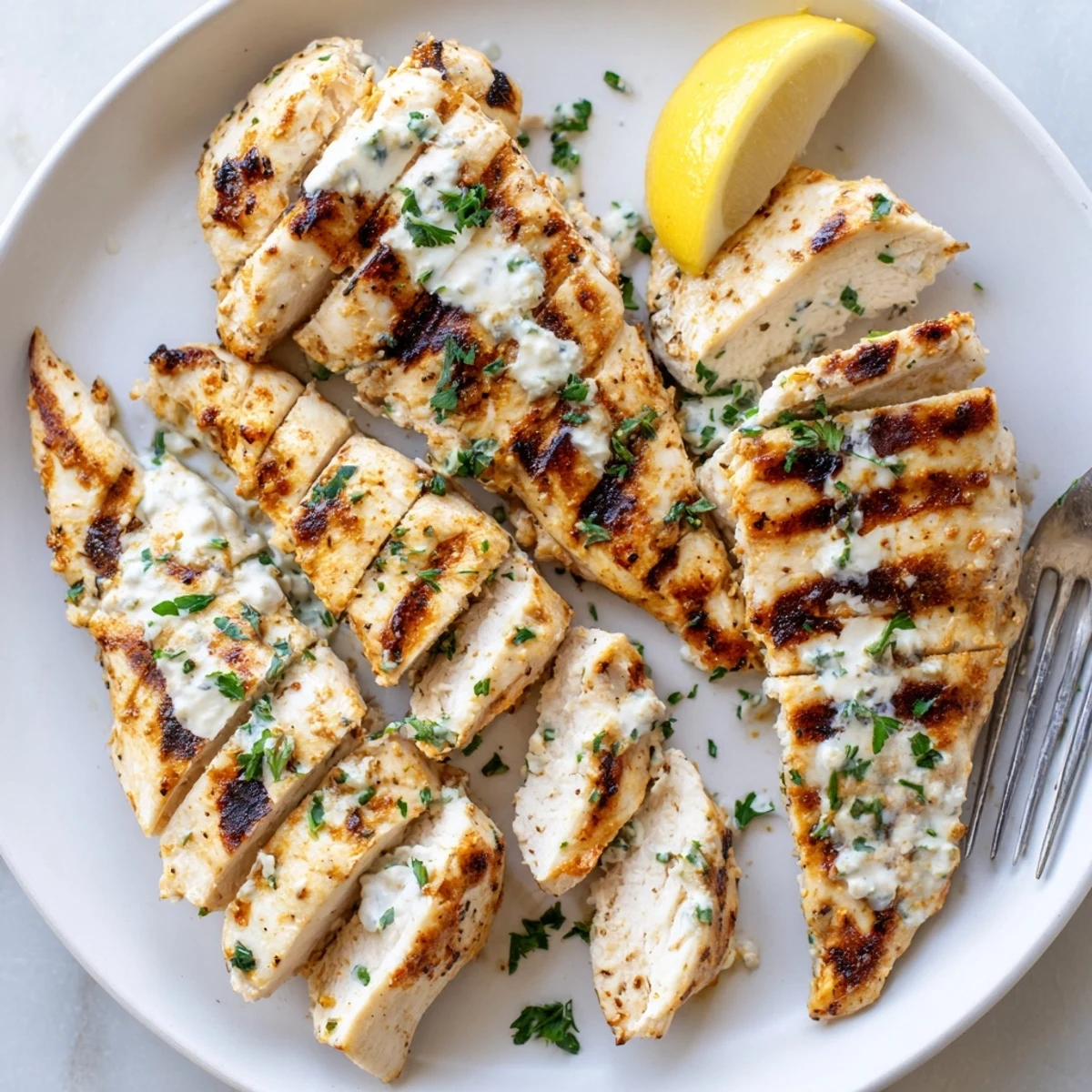 Juicy Greek yogurt marinated chicken sliced open, revealing moist herb-flecked meat on a platter