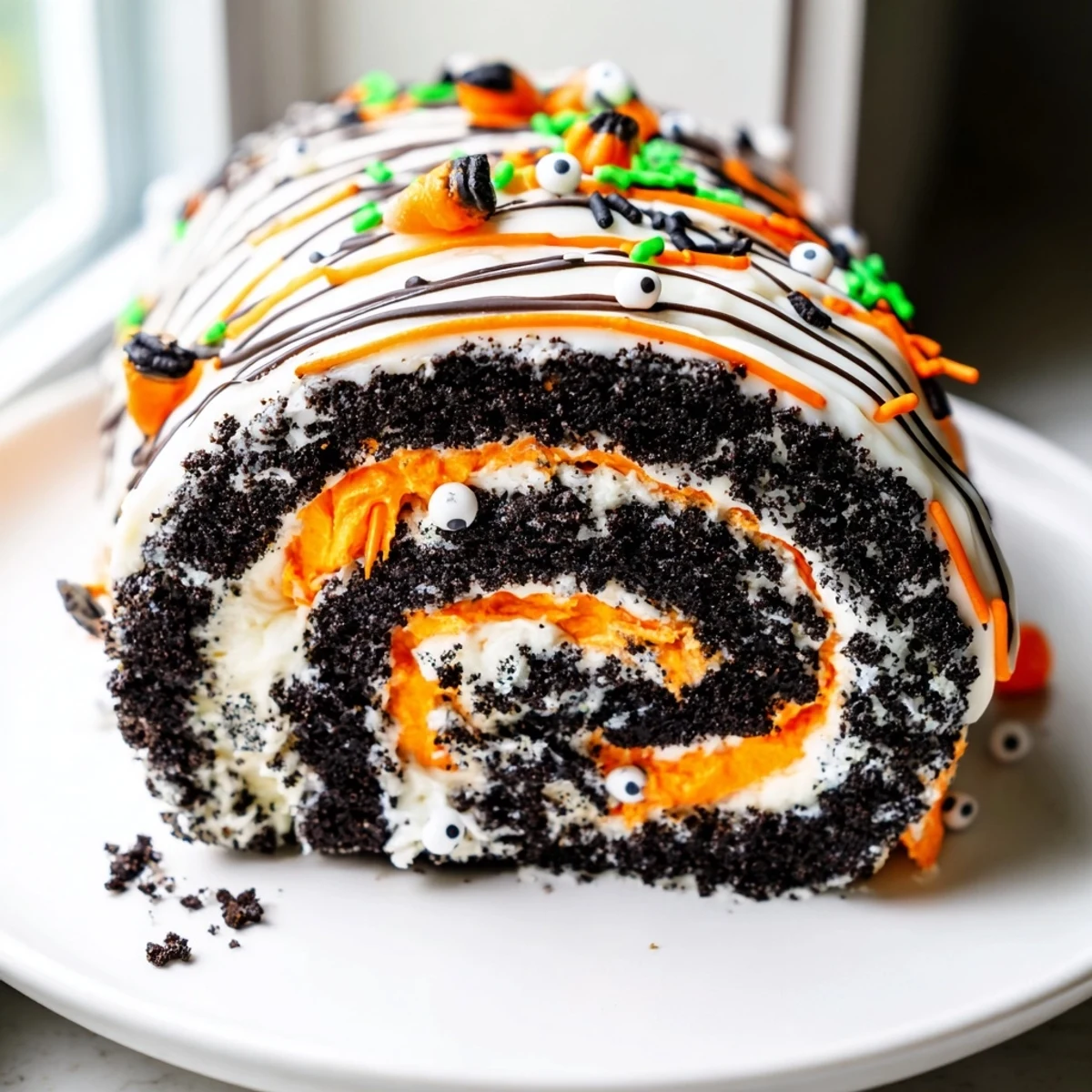 Spooky Halloween Oreo Roll sliced and drizzled with chocolate on a dark platter