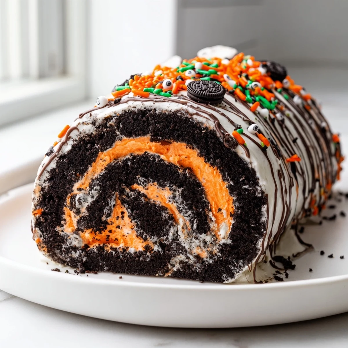 No-bake Halloween Oreo Roll swirled with orange whipped cream and candy eyes