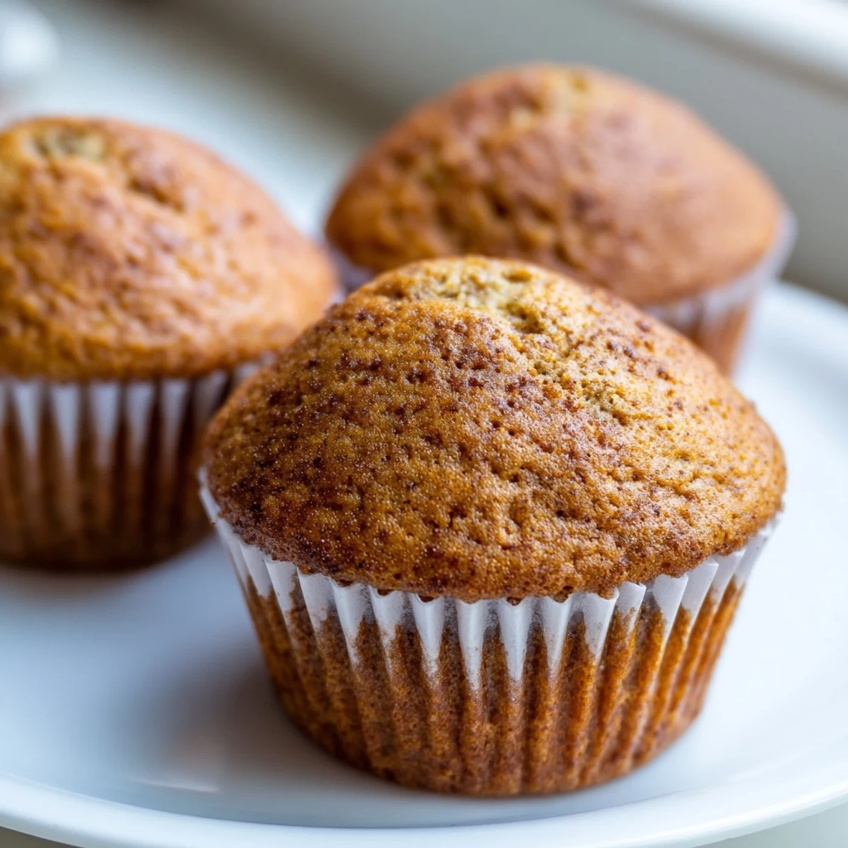 Golden banana muffins with cracked tops served warm on a rustic cooling rack