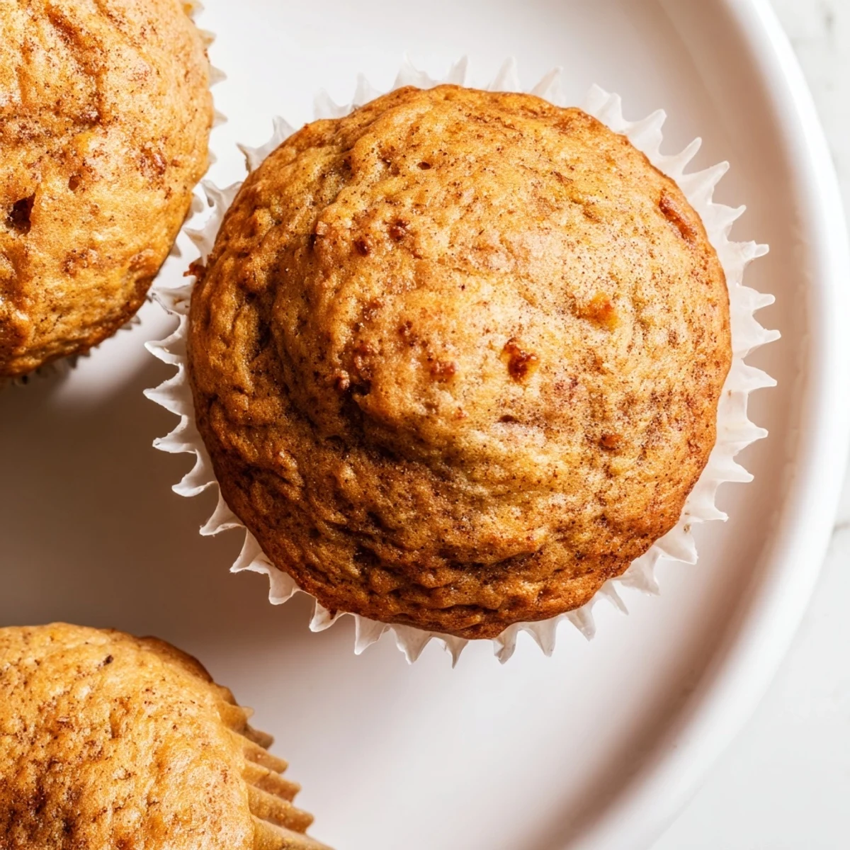 Freshly baked banana muffins with fluffy interiors dusted with cinnamon beside coffee