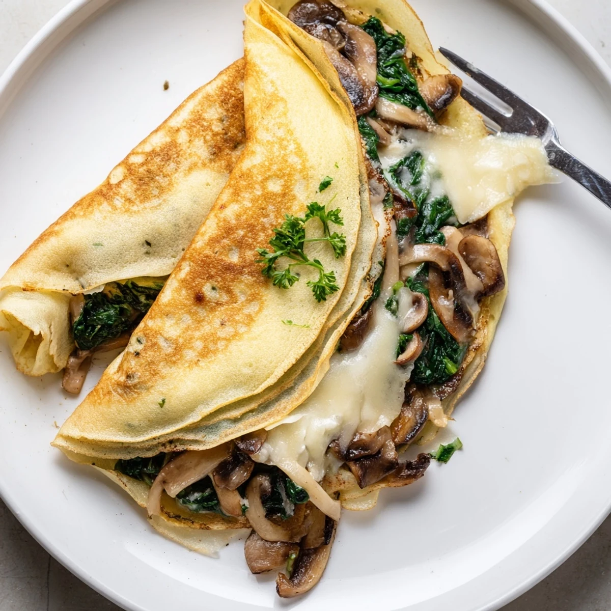 Golden savory crepes filled with sautéed spinach and mushrooms on a white plate