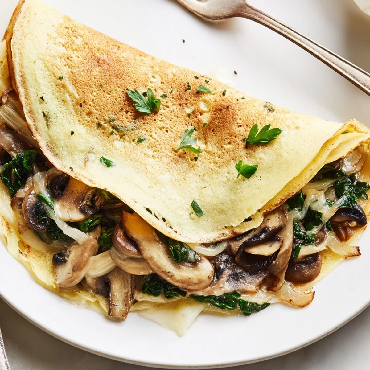Savory crepes stuffed with tender spinach and golden mushrooms served hot