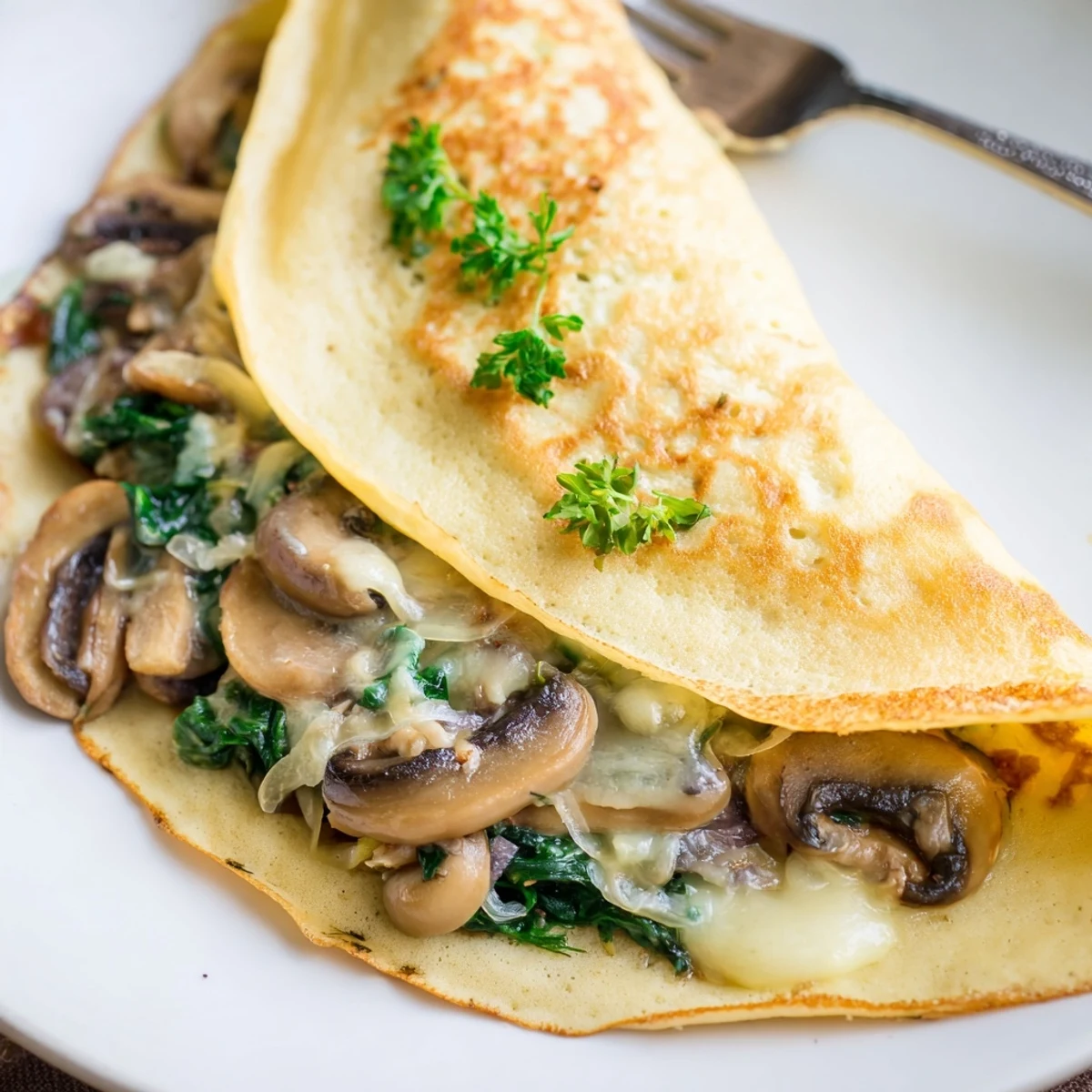 Thin French savory crepes rolled with melted Gruyère cheese and fresh herbs