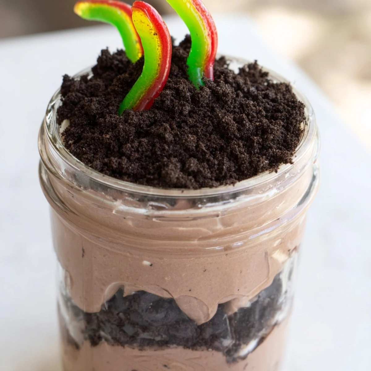 Creamy dirt pudding with chocolate cookie crumbs and gummy worms in clear cups