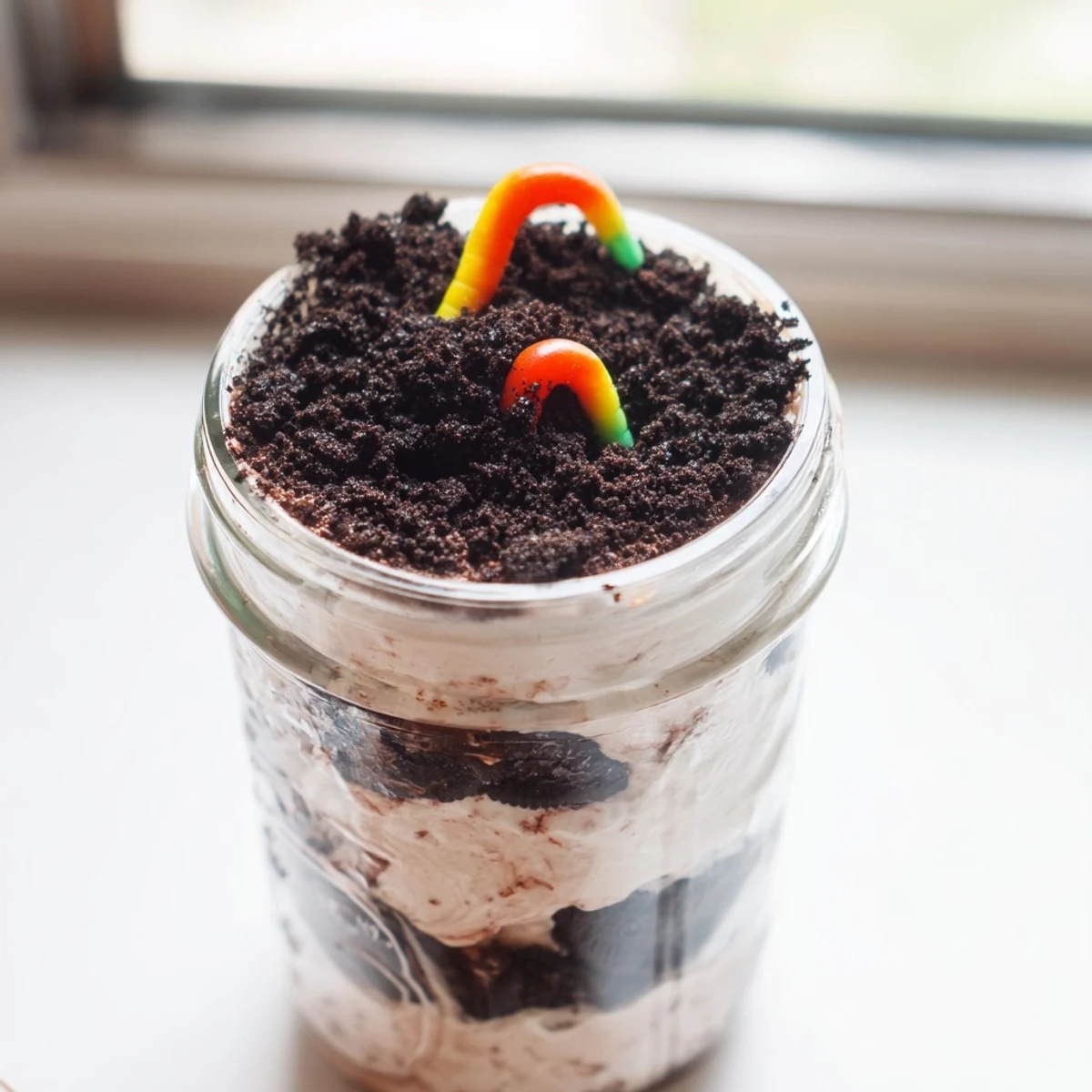 Rich chocolate dirt pudding layered with crushed cookies and playful gummy worms