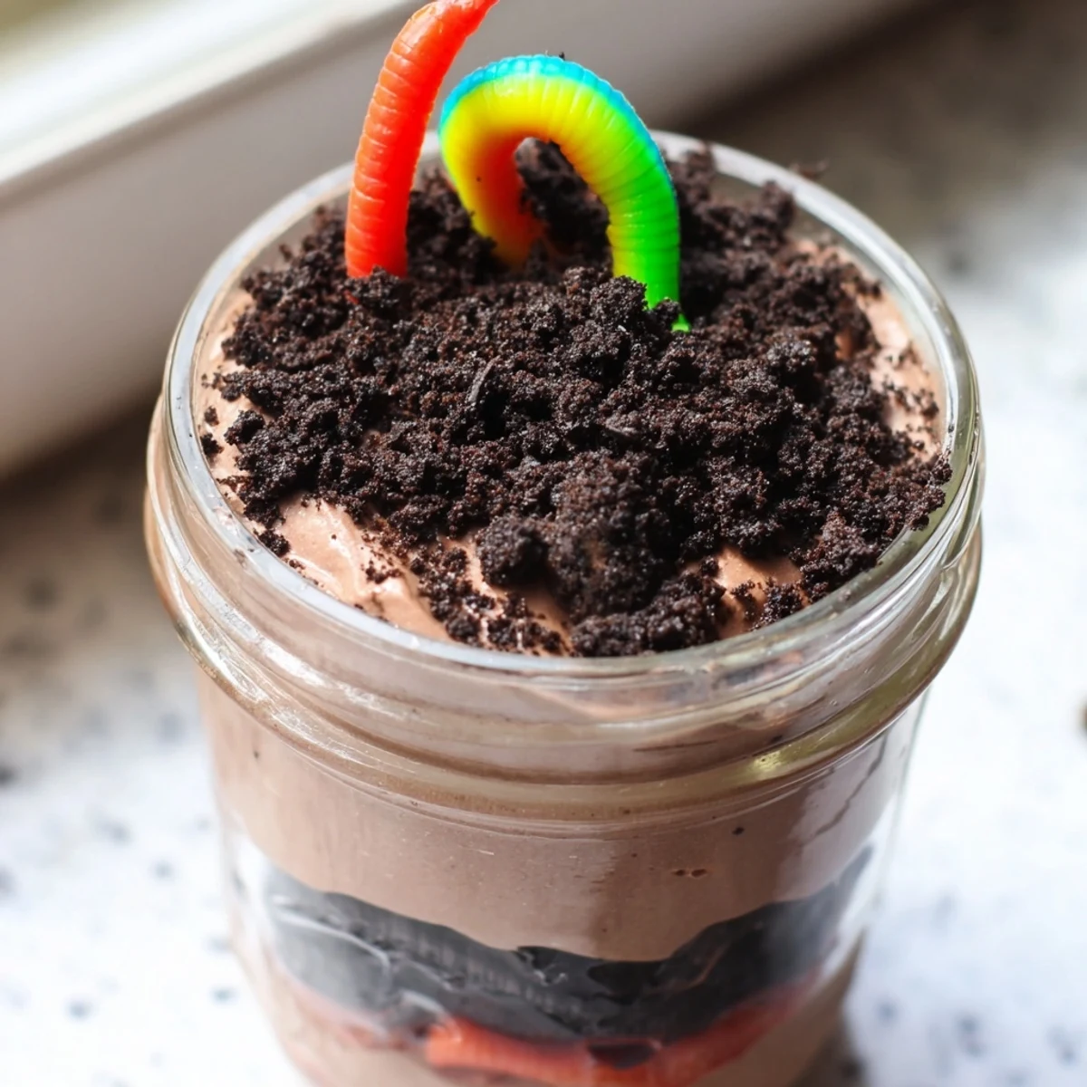 Fun dirt pudding dessert topped with Oreo crumbs and colorful gummy worms