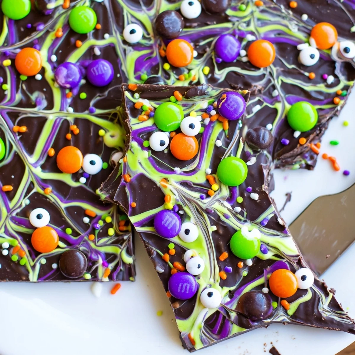 Melting Witches Bark with swirled chocolates, candy eyes, and colorful Halloween sprinkles