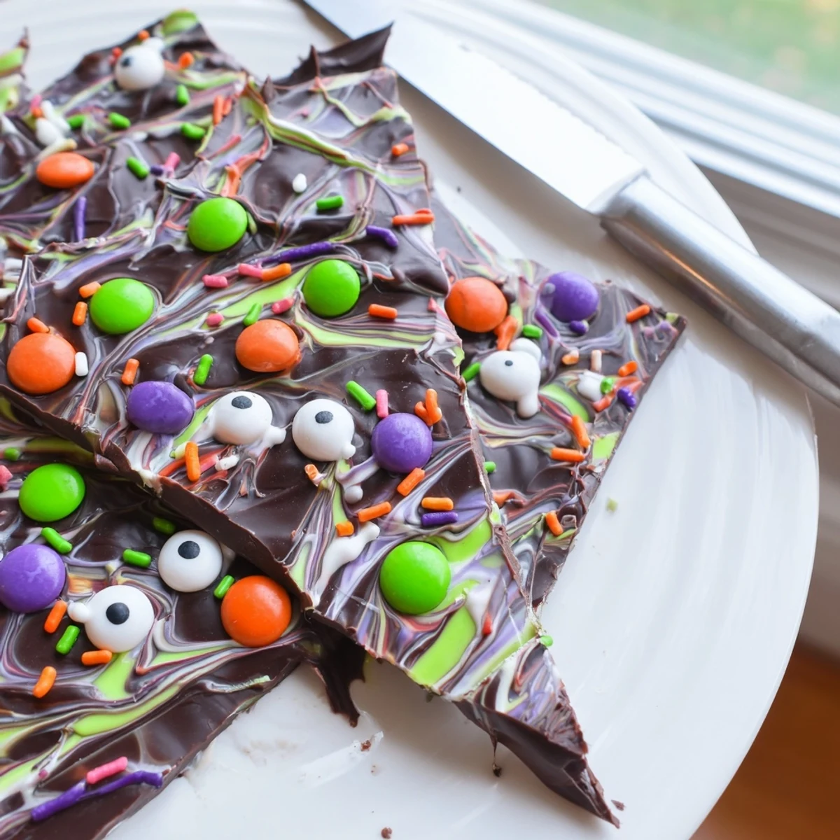 Dark and white chocolate marbled Melting Witches Bark topped with spooky candy eyes