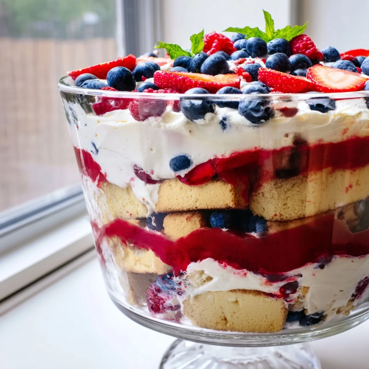 Creamy Red White Blue Mixed Berry Yum Yum layered with fresh strawberries and blueberries in a glass trifle bowl
