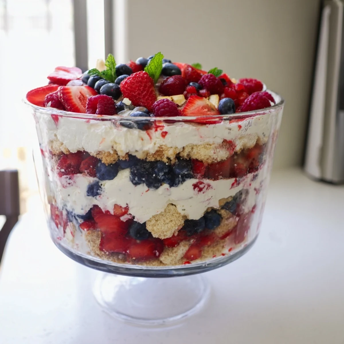 Festive Red White Blue Mixed Berry Yum Yum featuring whipped cream cheese filling and crushed shortbread cookies