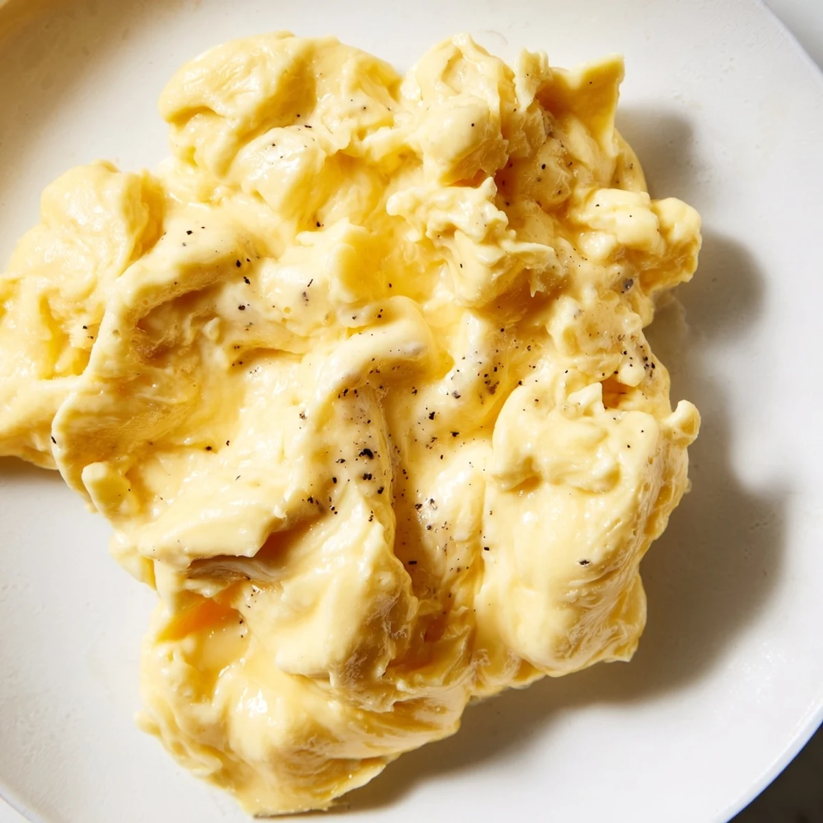 Creamy scrambled eggs piled on a plate with golden toast and fresh herbs