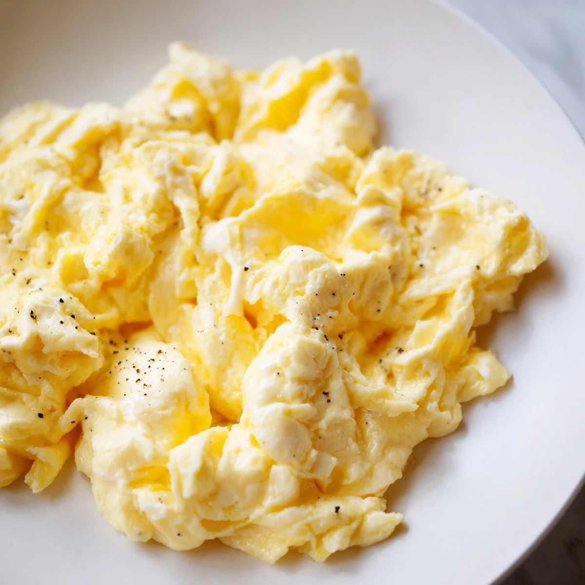 Soft creamy scrambled eggs topped with cracked pepper and served beside sliced avocado