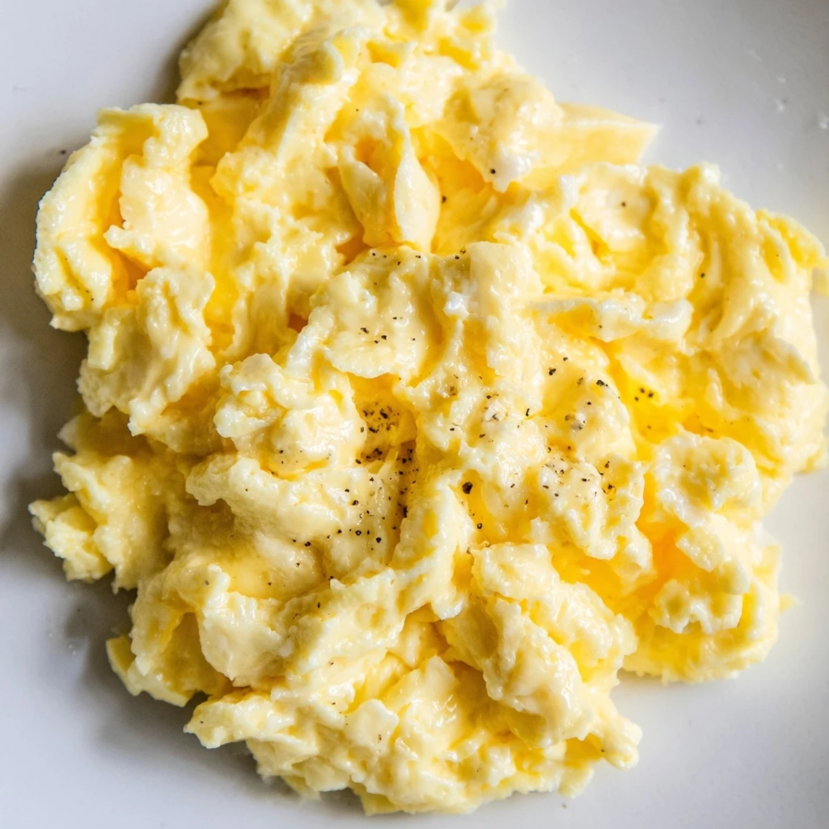Fluffy scrambled eggs gently curded in butter served steaming in a warm skillet
