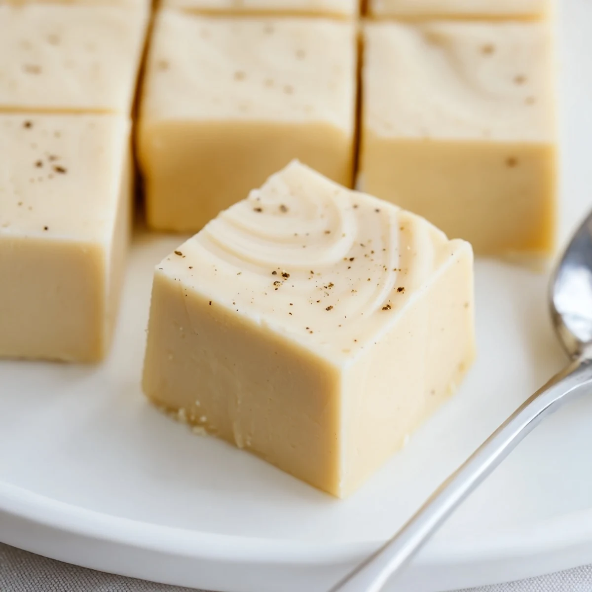 Eggnog Fudge squares dusted with grated nutmeg on a festive plate