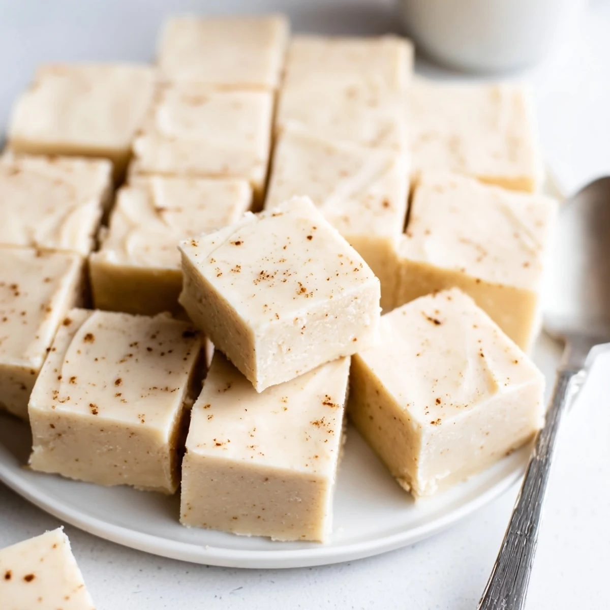 Creamy Eggnog Fudge slices cooling on parchment, ready for holiday gift boxes