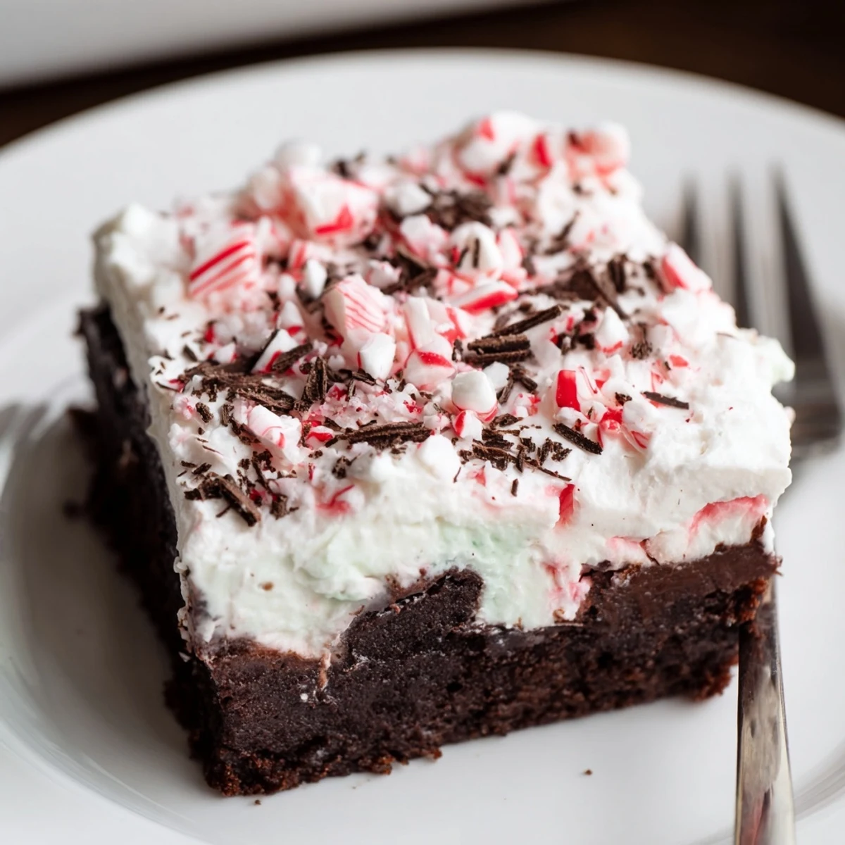 Velvety chocolate Peppermint Poke Cake topped with peppermint shards and chocolate shavings