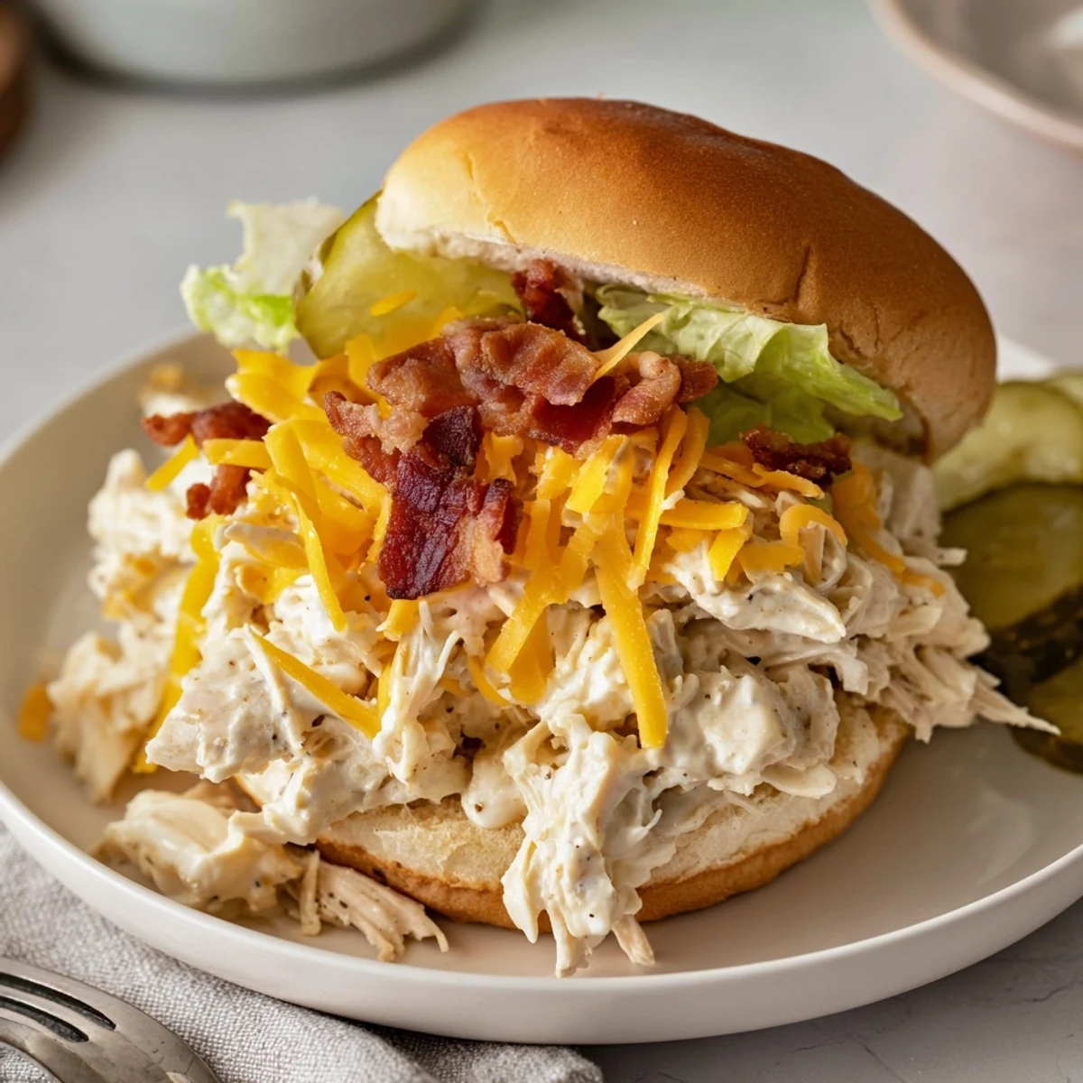 Creamy Crack Chicken Sandwiches on toasted buns, suggested pairing with iced tea