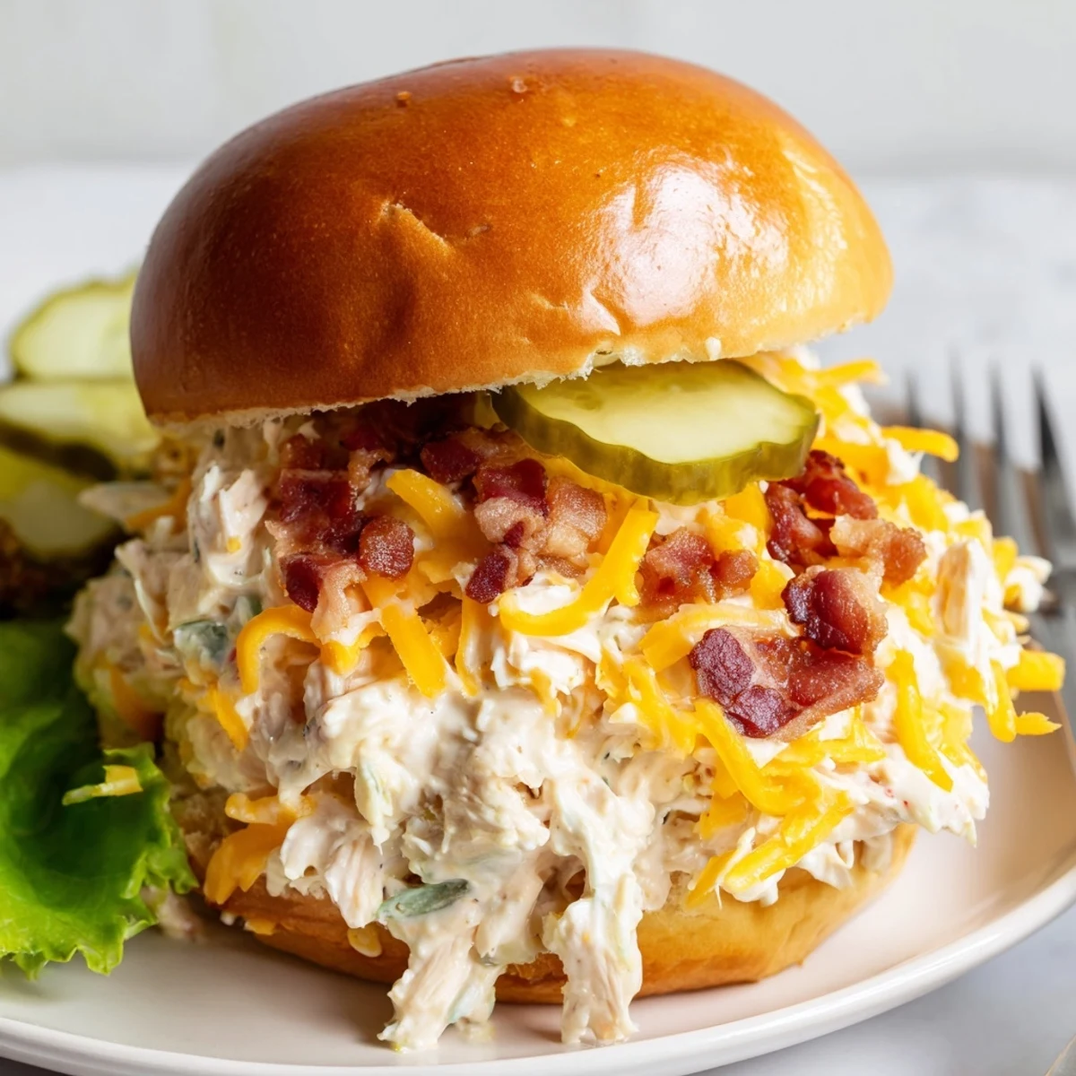 Oven-baked Crack Chicken Sandwiches spooned thick on brioche buns, steam rising