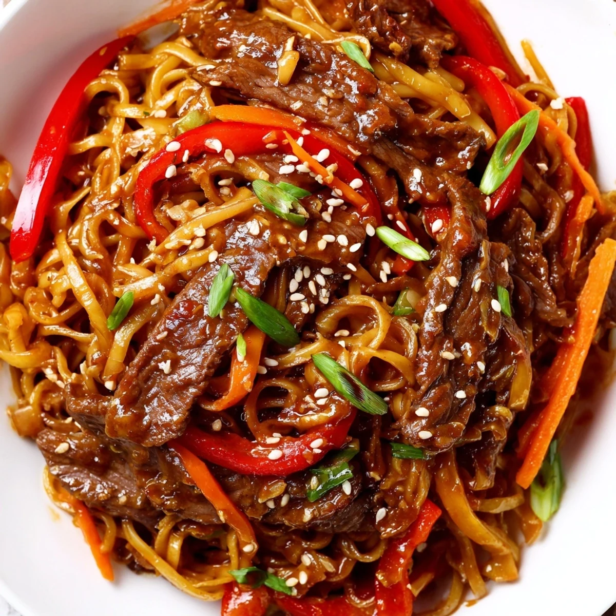 Sticky Beef Noodles glistening in soy-hoisin sauce with sesame seeds and scallions