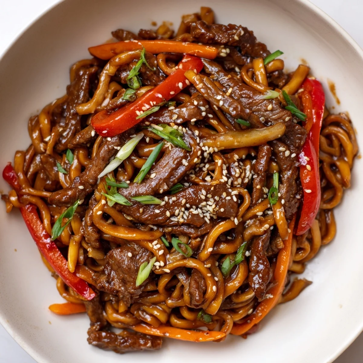 Caramelized Sticky Beef Noodles tossed with crunchy bell pepper and fragrant ginger