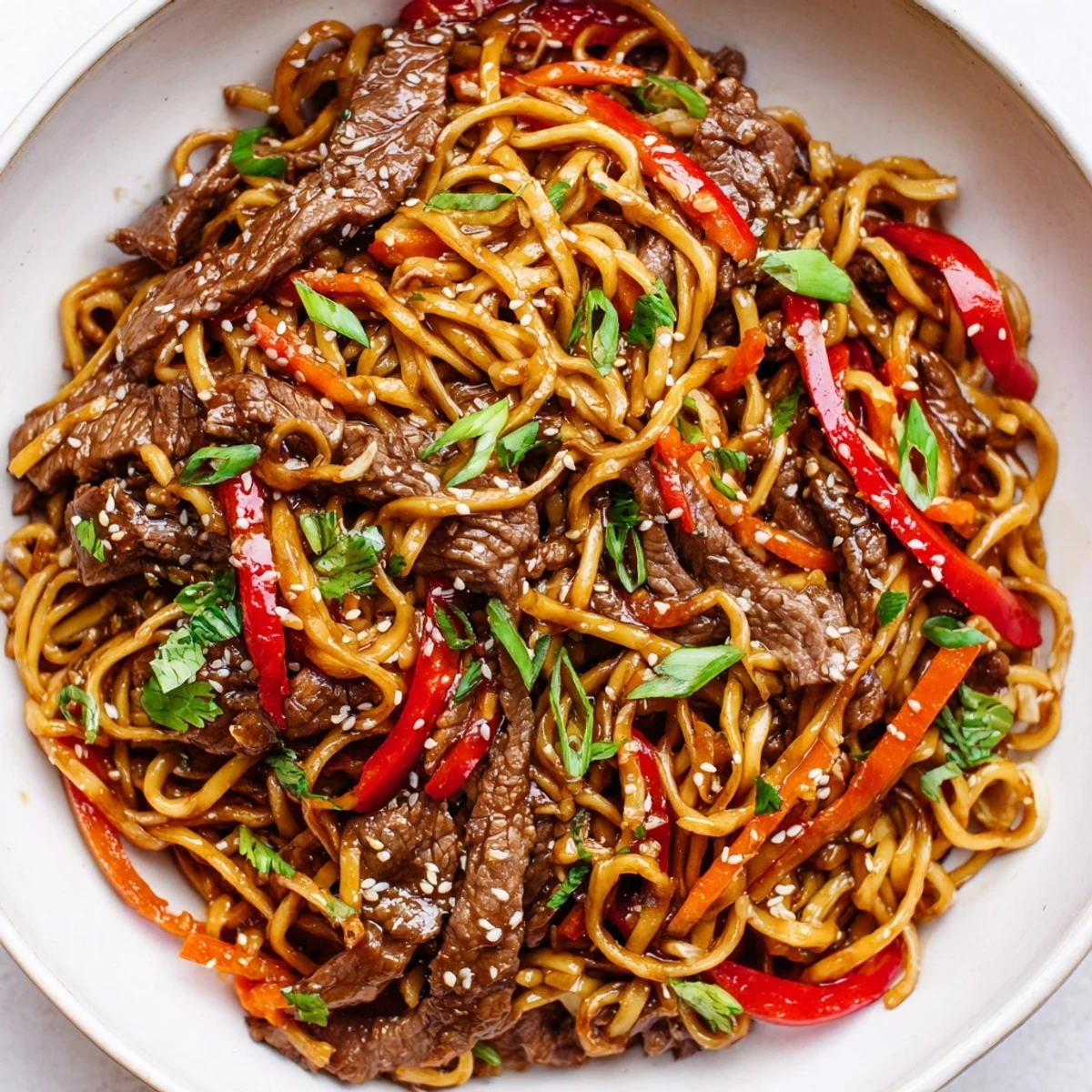 Sticky Beef Noodles served piping hot in a wok, perfect weeknight dinner