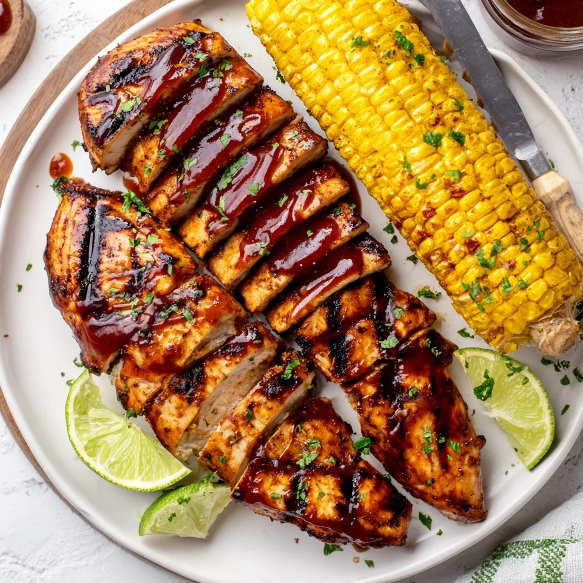 BBQ Chicken With Corn glistening with sauce, charred grill marks, lime wedge