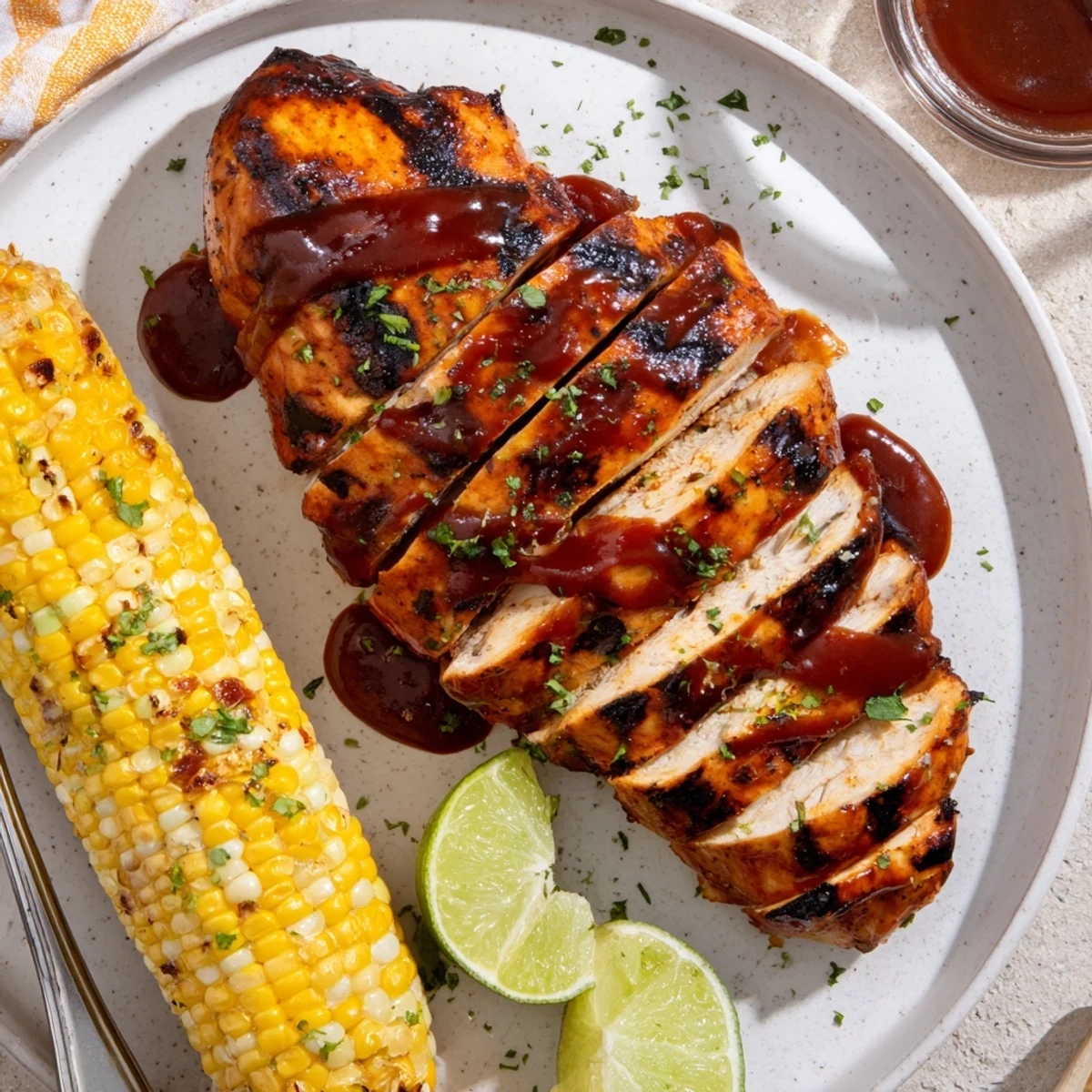 Sliced BBQ Chicken With Corn on the cob, buttery kernels steaming