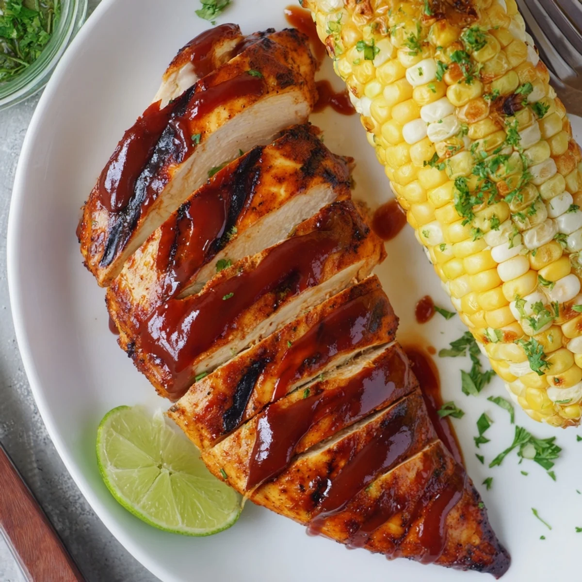 Summer plate of BBQ Chicken With Corn, smoky aroma and parsley garnish