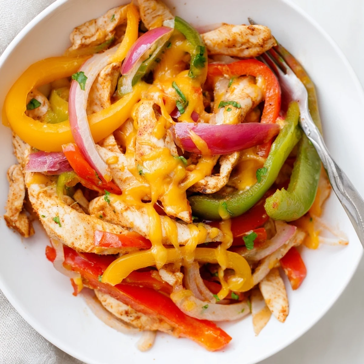 Cheesy Baja Chicken Bell Pepper Skillet bubbling with melted cheese and cilantro garnish