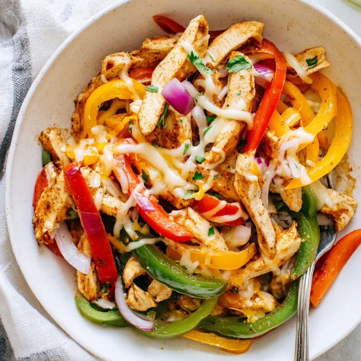 Juicy chicken and vibrant peppers in a Cheesy Baja Chicken Bell Pepper Skillet