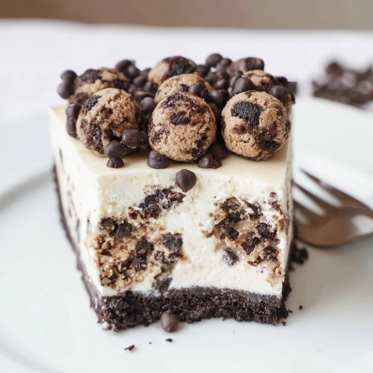 Rich Chocolate Chip Cookie Dough Cheesecake topped with mini chips, chilled slices.