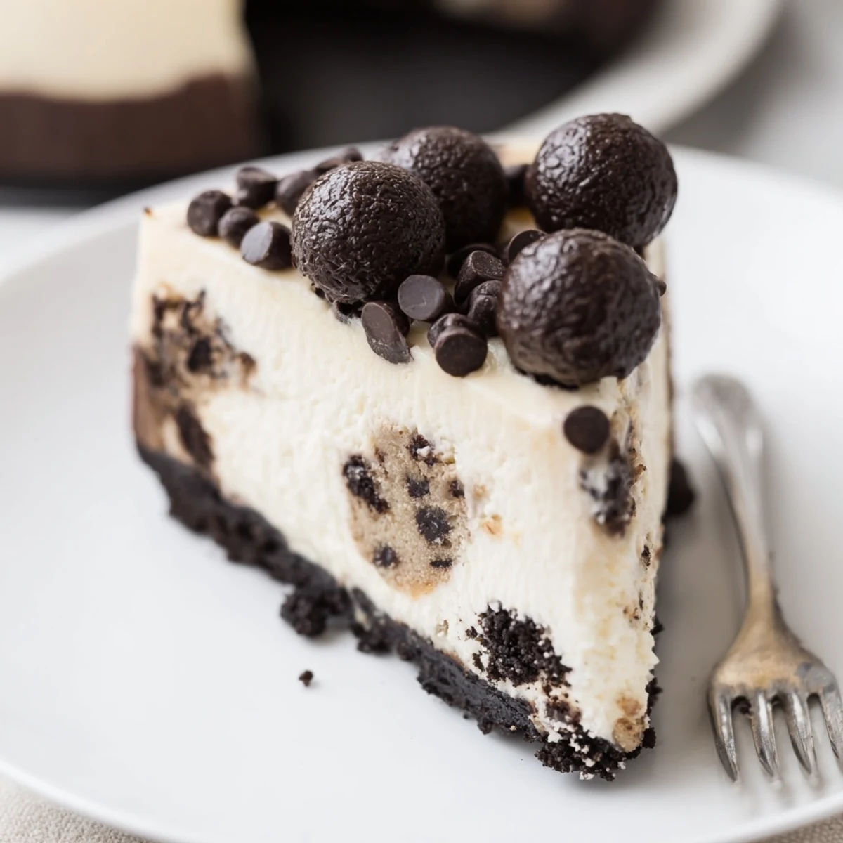 Slice of Chocolate Chip Cookie Dough Cheesecake on plate, oozy dough visible.