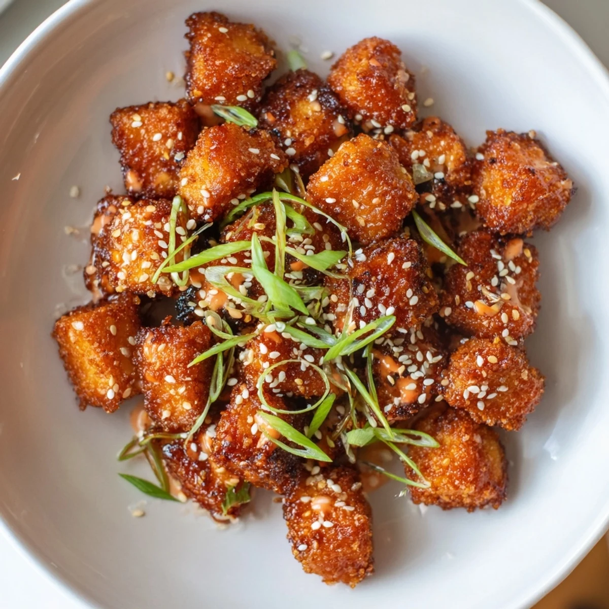 Crispy Bang Bang Salmon Bites glistening in creamy spicy sauce with scallions